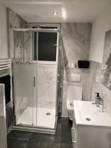 a bathroom with a shower and a toilet and a sink at Pension bei Laura in Schwerte