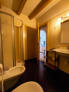 a bathroom with a sink and a toilet and a shower at Pension Ferienwohnungen Marchnerhof in Terento +36 photos