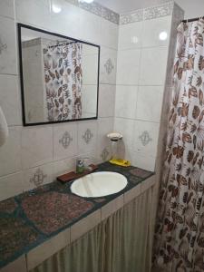 een badkamer met een wastafel en een spiegel bij Rancho Laramie in Huerta Grande