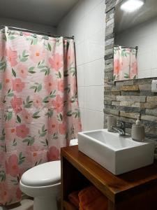 Un baño con lavabo, inodoro y cortina de ducha. en Cabañas Pucontours, en Pucón 68 fotos más