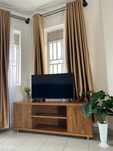 a television on a wooden entertainment center in a living room at Ashok Apartments APT C in Buzzi