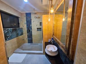 リロングウェにあるRustic Charmの洗面台とシャワー付きのバスルーム