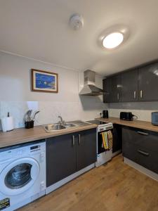 eine Küche mit Waschmaschine und Spüle in der Unterkunft Bright Comfortable 1 Bedroom Flat in Neepsend