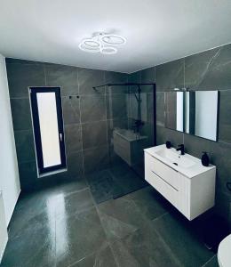 a bathroom with a white sink and a shower at Secret Forest Avrig By Erwin in Avrig