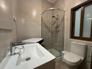 萨奈特Spacious Bright Apt With billiard Table and Terrace的带水槽、淋浴和马桶的浴室 更多6张照片