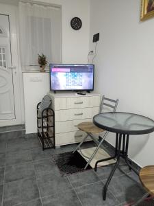a room with a table and a tv on a dresser at Studio Apartman Treće Nebo in TrÅ¡iÄ‡