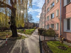 una pasarela entre dos edificios con un árbol en Rakietników vintage condo, en Varsovia