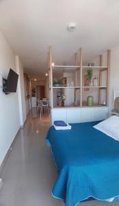 ein Schlafzimmer mit einem großen blauen Bett in einem Zimmer in der Unterkunft Depto Nuevo! confort , diseño y excelente ubicación en un solo lugar! in Santiago del Estero + 31 Fotos