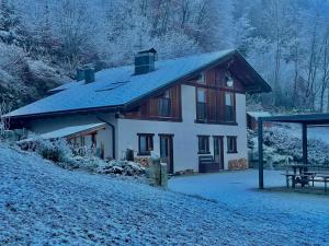 a house with snow on the ground next to a table at Sylva Smart Lodge in Spiazzo
