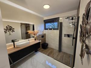 a bathroom with a sink and a shower at D'MMASS Holiday home Istria in Martinski