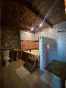 une salle de bain avec baignoire et toilettes dans l'établissement Cabañas Quinta Áthas, à Huasca de Ocampo 40 autres photos