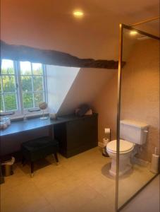 a bathroom with a toilet and a sink and window at The Grange, Northill in Northill