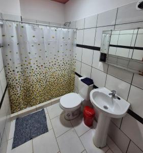 a bathroom with a sink and a toilet and a shower at Departamentos por dia in Eldorado