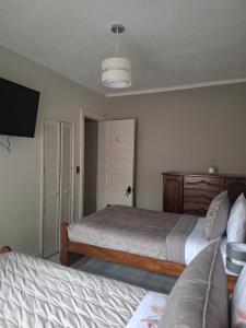 een slaapkamer met twee bedden en een flatscreen-tv bij Hostal Terraza Traslaviña in Viña del Mar +5 foto's