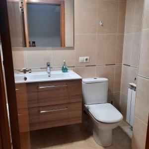 une salle de bain avec toilettes, lavabo et miroir dans l'établissement Duplex LLORACH I, à Lleida