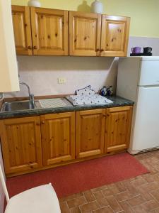 a kitchen with wooden cabinets and a white refrigerator at Da nonna Maria in Celano +4 photos