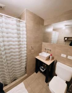 a bathroom with a toilet and a sink and a shower at Departamento en Alquiler en Carlos Paz in La Porteña