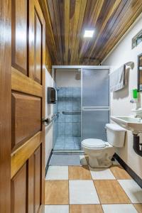 a bathroom with a shower and a toilet and a sink at Rio Danta in Fortuna