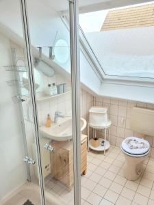 a bathroom with a shower and a toilet and a sink at Seestern in Horumersiel