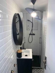 een badkamer met een wastafel en een spiegel bij Cabane front de mer in Saint-Brieuc