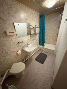 une salle de bain avec un lavabo, des toilettes et une douche dans l'établissement Cin Pension, à Gronau