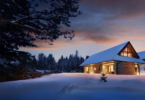 a cabin in the snow at night at Chalet Mountain Rock - Luxury retreat at Chalets Kvačianska dolina in Zuberec