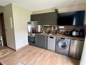 a kitchen with a washer and dryer in it at Cosy studio Noha in Thonon-les-Bains