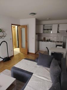 a living room with a couch and a kitchen at Sicilija apartment in Podgorica +2 photos