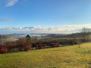 um campo gramado com vista para um campo enevoado em 16 person holiday home in Vejby em Vejby