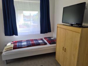 a room with a bed with a tv and a window at Ferienwohnung Lösel in Freilassing +6 photos