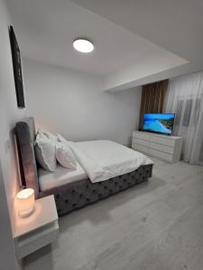a bedroom with a bed and a flat screen tv at Sya House in Craiova