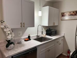 une cuisine avec un évier et un micro-ondes dans l'établissement Modern 1BR Porchlight retreat, à Farmington Hills