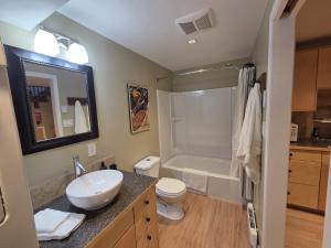 une salle de bain avec un lavabo, des toilettes et une douche dans l'établissement NEW Midtown Rossland Studio Apartment, à Rossland