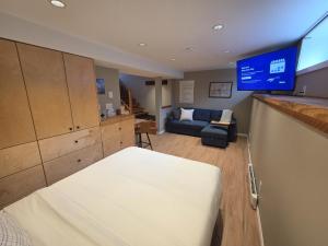 une chambre avec un lit, un canapé et une télévision dans l'établissement NEW Midtown Rossland Studio Apartment, à Rossland