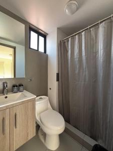 Un baño con inodoro, lavabo y ducha. en Reforma Sky Flat - Steps from Bellas Artes, en Ciudad de México 45 fotos más