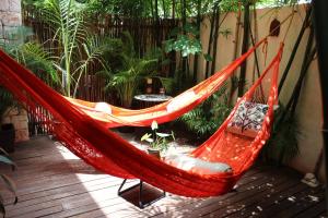 two hammocks on a patio with plants at Maya Vacanze Playa Natural in Playa del Carmen
