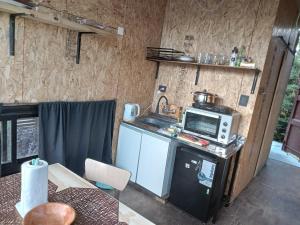 a kitchen with a microwave and a sink in a room at CASA CONTAINER BOSQUE Y MAR in Mar del Plata