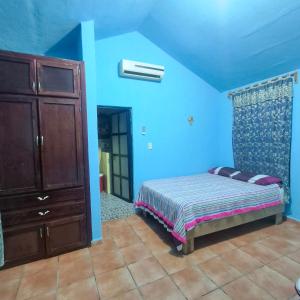 a bedroom with blue walls and a bed and a dresser at tamasopo y sus rios in Tambaca