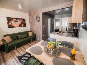- un salon avec une table et un canapé vert dans l'établissement Lake Serenity Premium Mobile Homes-Two Bedroom, à Mostec