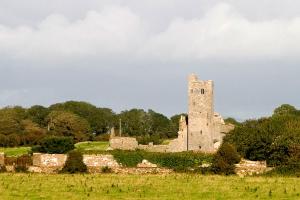 an old stone building in a field with trees at The Loft, Ardfert in Ard Fhearta