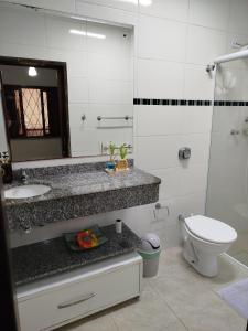 un bagno con lavandino, WC e specchio di Refúgio encantado a Piçarras
