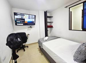 麦德林Hospedaje Andaliving Campo Valdes的卧室里有一张床、一台风扇和一台平板电视。