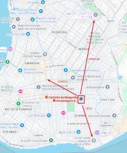 a map of dubai with a red line connecting cities at ꕥ Cantinho da Margarida ꕥ Hospedagem & Hostel Premium - 03 Opções - SUÍTE Privativa, CAMAS Hostel ou Meia CASA - 1 Km do CENTRO de Belém, Hangar, UFPA, Turismo e Eventos - Máximo CONFORTO com Wi-Fi Ultra Rápido e Café da Manhã Grátis! - HOTEL Belém Pará in Belém