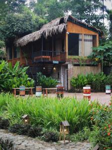 a house with a straw roof in a garden at Pù Luông Ecolodge in Pu Luong