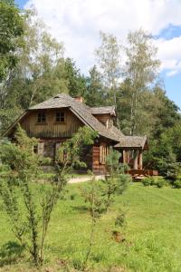 una cabaña de madera en medio de un campo en Chata Kurpiowska, en Nowogród