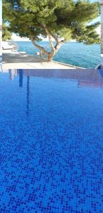 a blue swimming pool with a tree and water at Apartments Slavica Trogir in Trogir