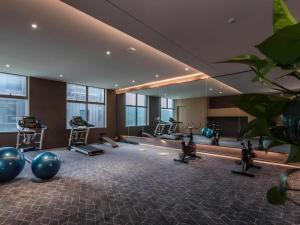 - une salle de sport avec des appareils d'exercice et un grand miroir dans l'établissement GreenTree Eastern Hotel Nanning Wuxiang Hangyang City, à Nanning