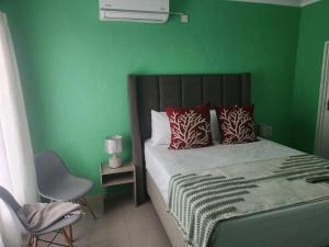 1 dormitorio verde con 1 cama y 1 silla en Luxe Residence Guest House, en Kasane