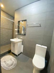 Un baño con un inodoro blanco y un lavabo. en Modern apartment nice view at Republic Squer, en Ereván 8 fotos más