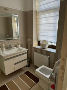 a bathroom with a sink and a toilet and a mirror at B&B Apartment Farhad Hospitality Solutions in Samarkand
